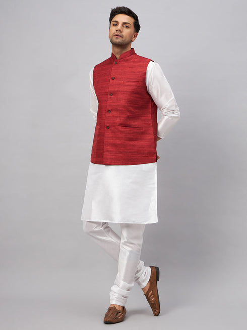 Vastramay Men's Maroon Matka Silk Nehru Jacket With White Silk Blend Kurta Pyjama Set